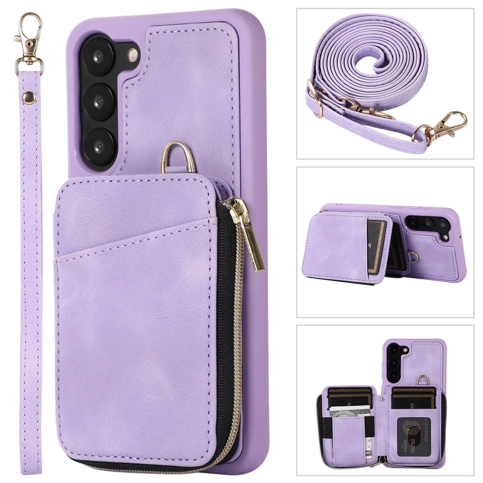 For Samsung Galaxy S23 Zipper Card Holder Phone Case Leather Coated TPU Kickstand Cover with Straps For Samsung Galaxy S23 Zipper Card Holder Phone Case Leather Coated TPU Kickstand Cover with Straps